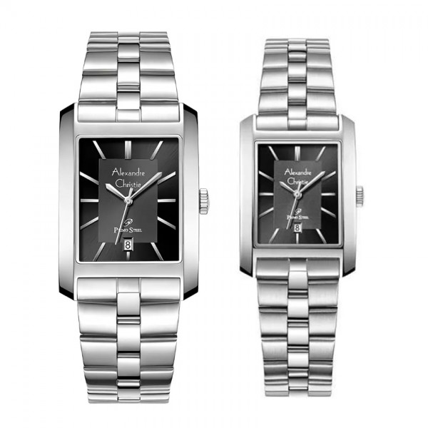 Alexandre Christie AC 1019 Silver Black Steel Couple